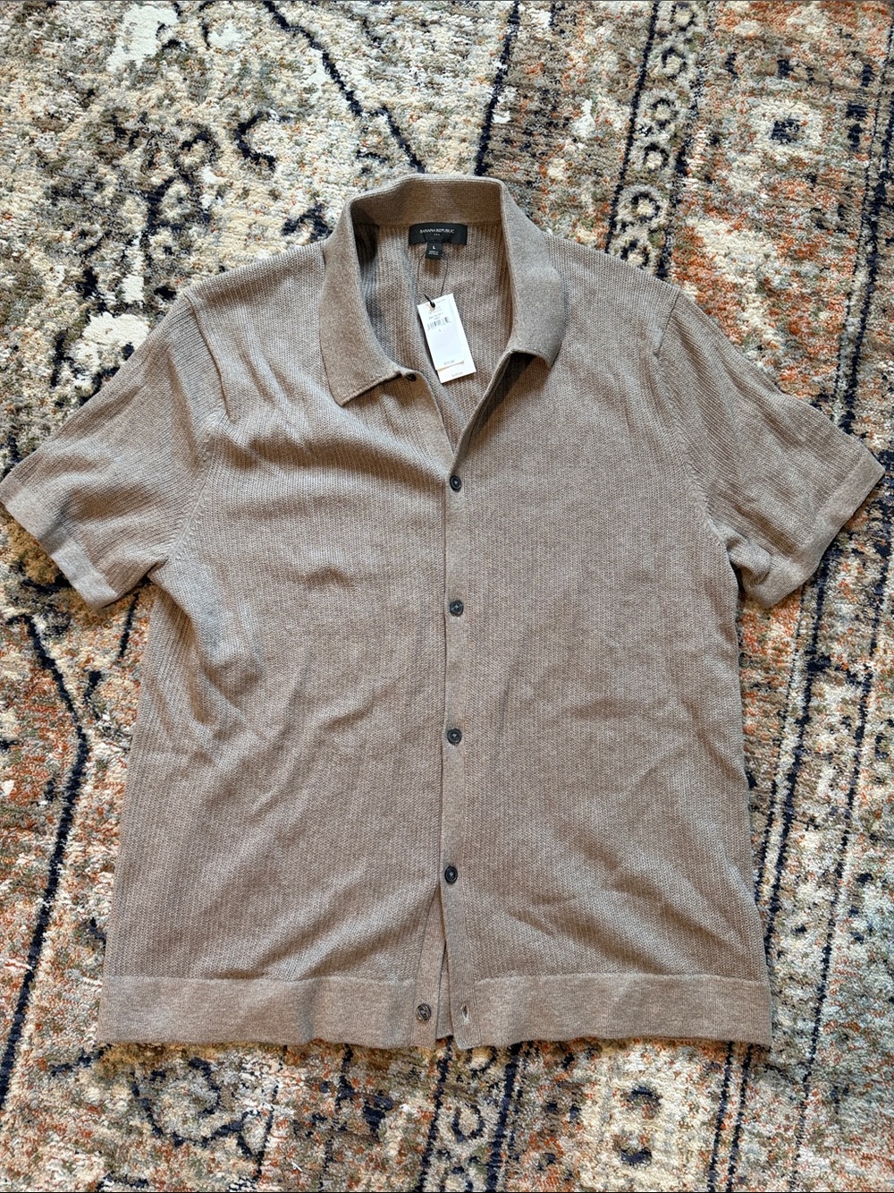 Banana Republic Taupe Brown Short-Sleeve 100% Cotton Knit Button-Up Shirt